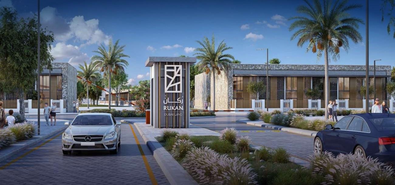 Modern architectural facade of contemporary loft-style townhouses at Rukan Lofts Dubai land.