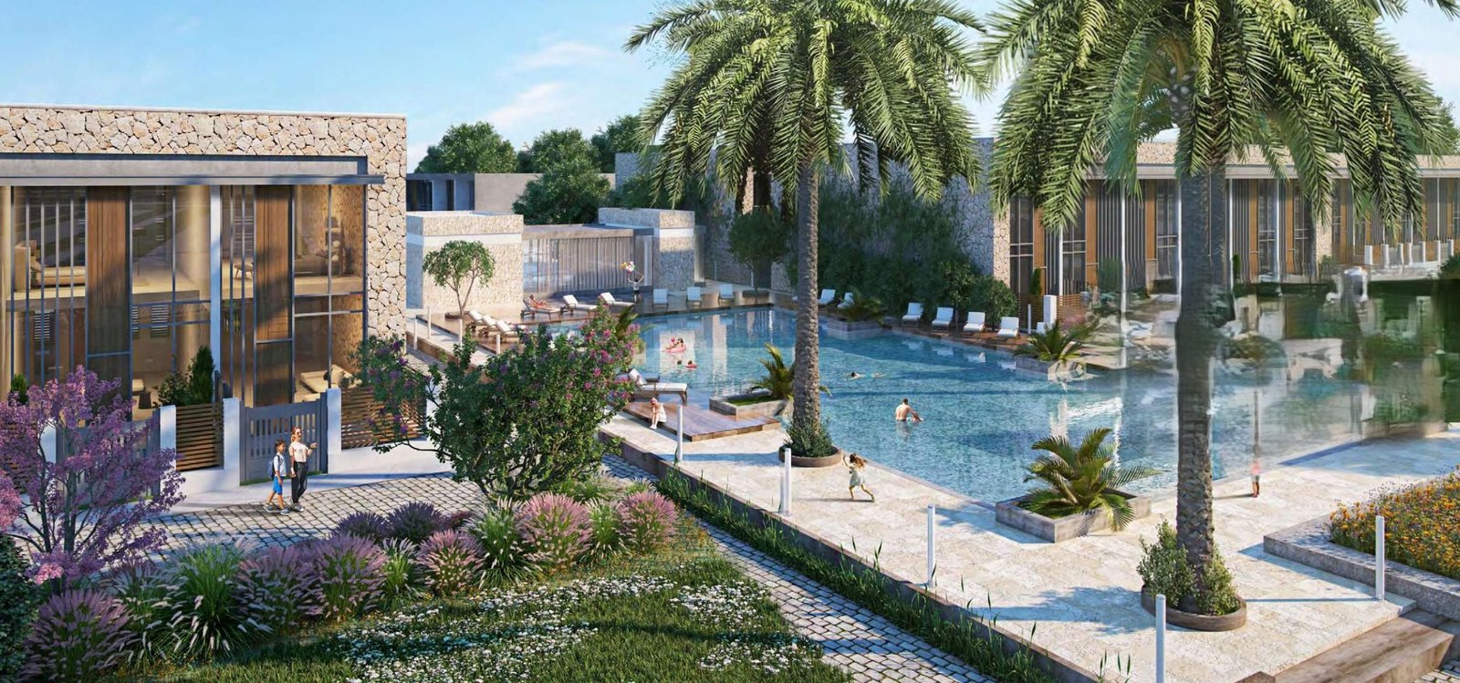 Beautiful green community parks and open spaces surrounding residential clusters at Rukan Dubai land.